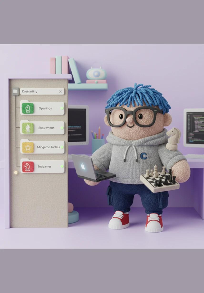 The Library panel slides open on the left, revealing a familiar, nested folder structure inspired by modern code editors. Each folder, from Openings to Endgames, is marked by a distinct colored icon and a subtle status dot indicating when the next spaced repetition review is due.