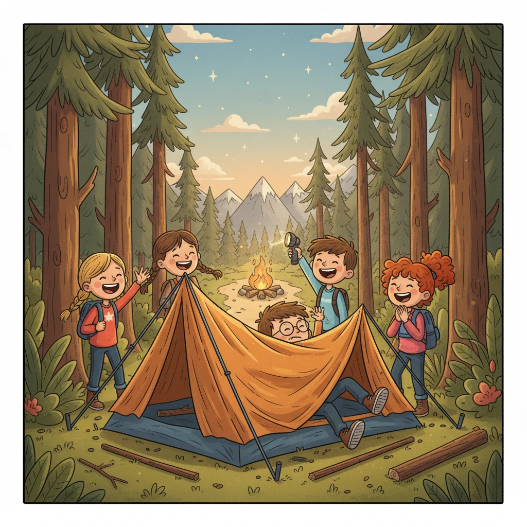 Upon arriving at the campsite, the friends eagerly began setting up their tent. However, their excitement quickly turned into frustration as the tent stubbornly refused to cooperate, looking more like a tangled spider web than a cozy shelter. Leo confidently declared he knew how to fix it, but soon the tent collapsed on top of him, much to everyone's amusement.
