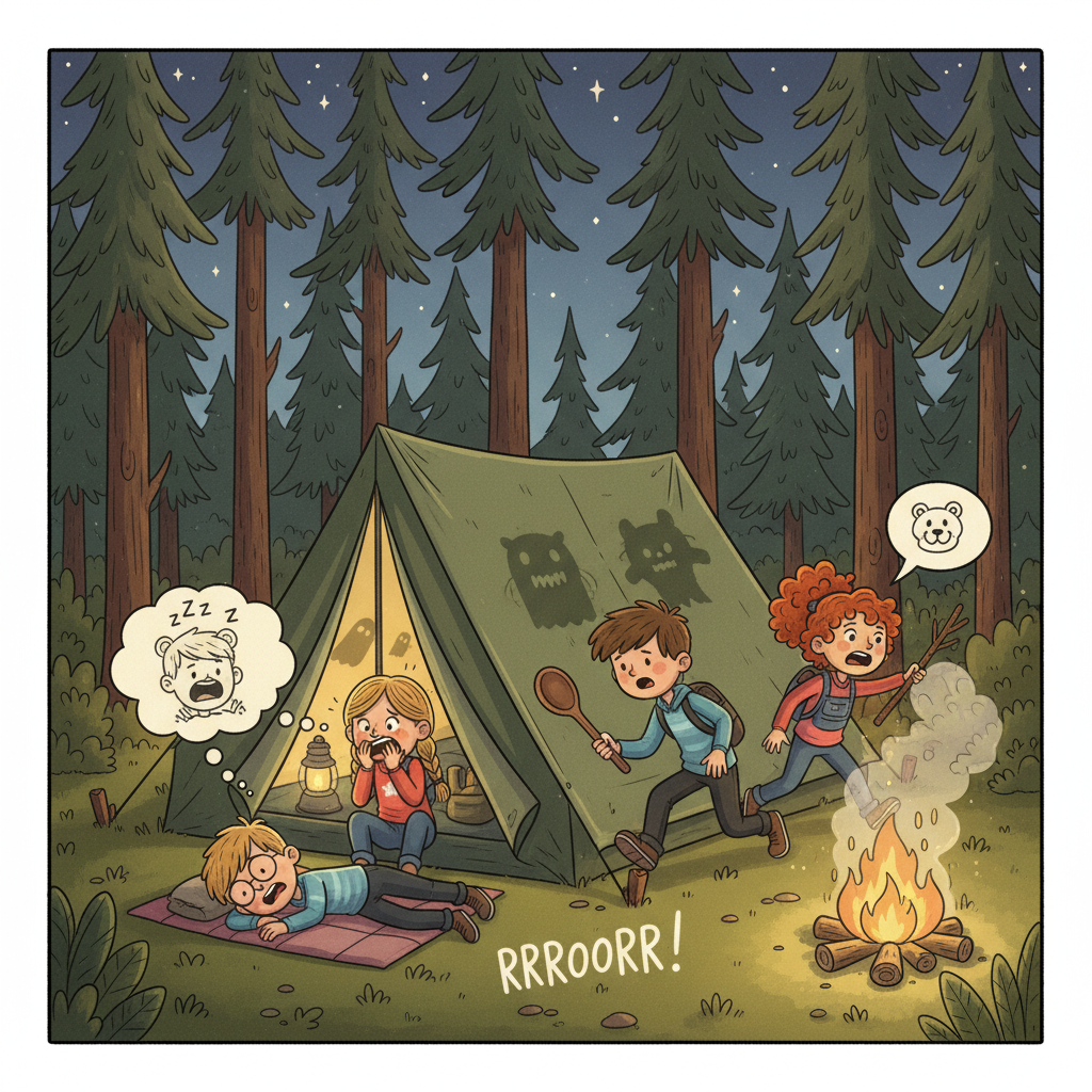 As darkness fell, the friends huddled inside their tent, telling spooky stories. Suddenly, they heard a loud growling sound from outside. Maya, convinced it was a bear, screamed in fear. Finn, Leo, and Chloe quickly scrambled out of the tent, ready to run, only to find Leo fast asleep and snoring loudly.