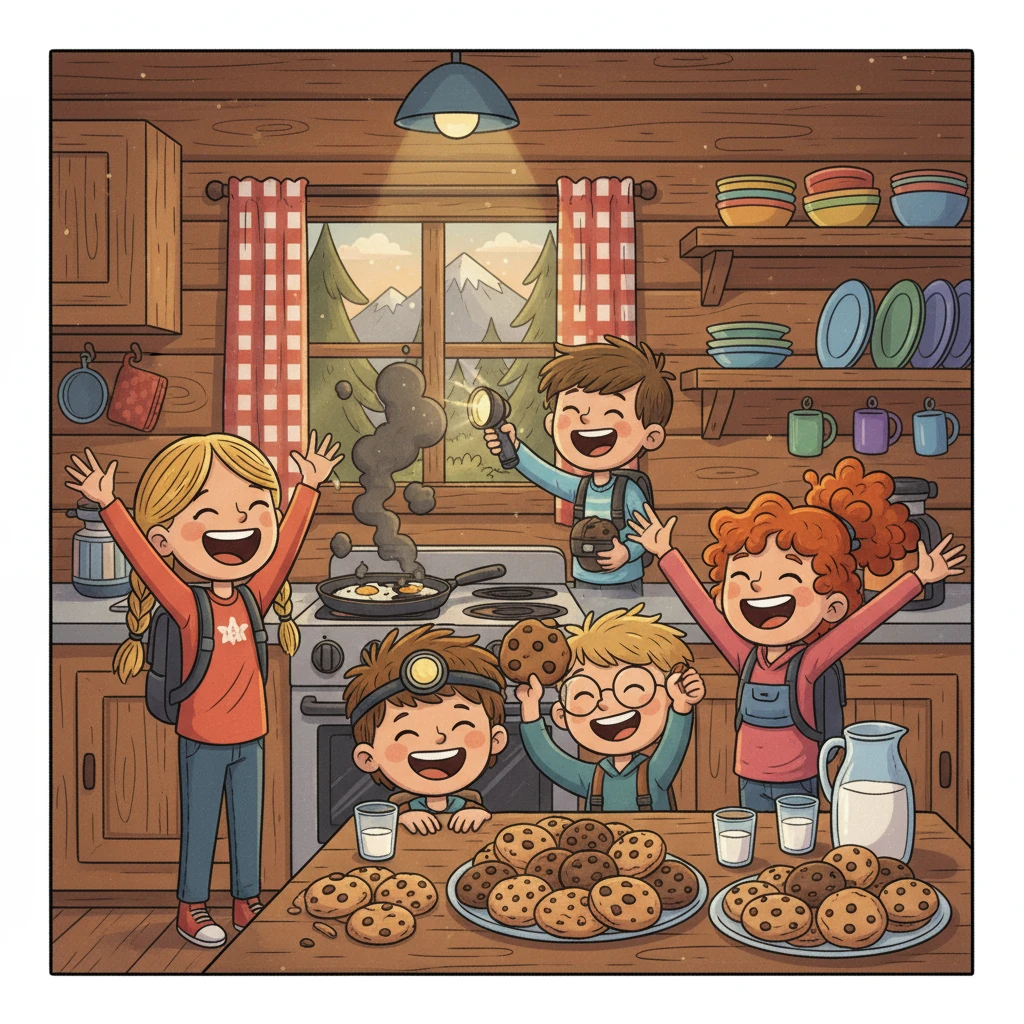 The next morning, the friends decided to cook a hearty breakfast of scrambled eggs. Unfortunately, their cooking skills were put to the test, and the eggs quickly burned beyond recognition. Undeterred, they burst into laughter and decided to skip the eggs and eat cookies instead.