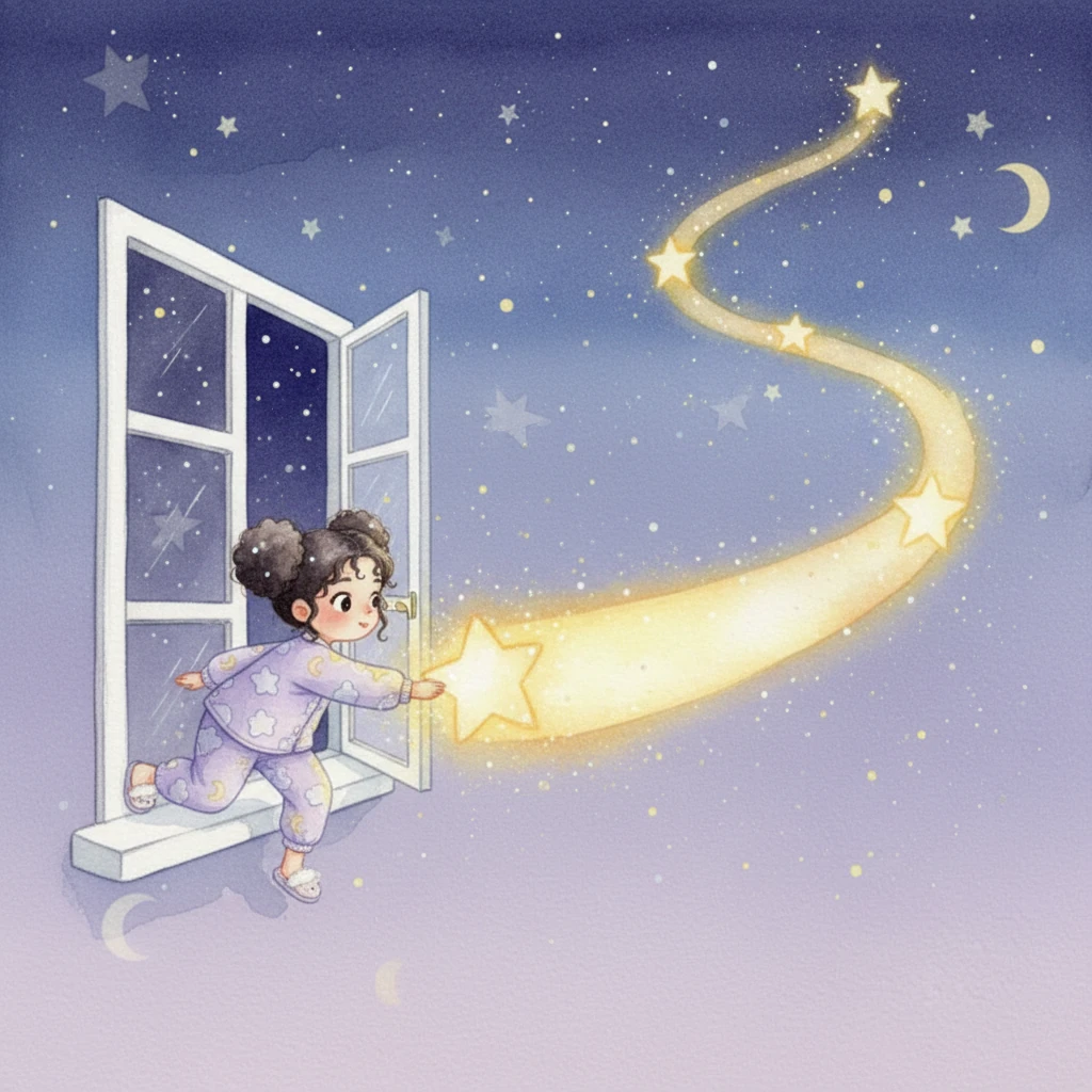 The starbeam grew brighter, forming a gentle path from her window, leading out into the quiet night. She carefully climbed out of bed, feeling a soft excitement bubble inside her.