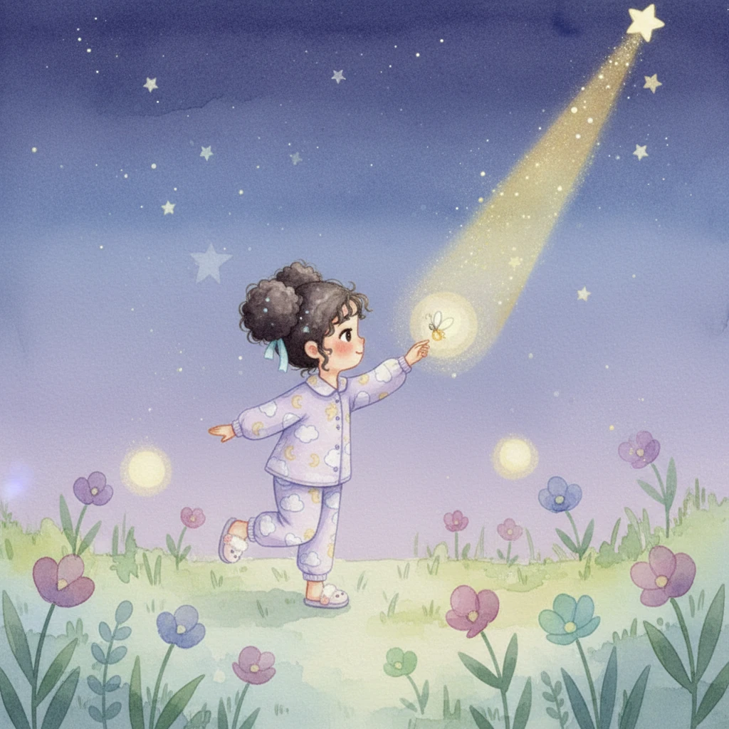 Outside, the world was bathed in moonlight. Fireflies blinked like tiny jewels in the garden, and the air smelled sweet and cool. Lina felt safe and curious as she followed the starbeam.