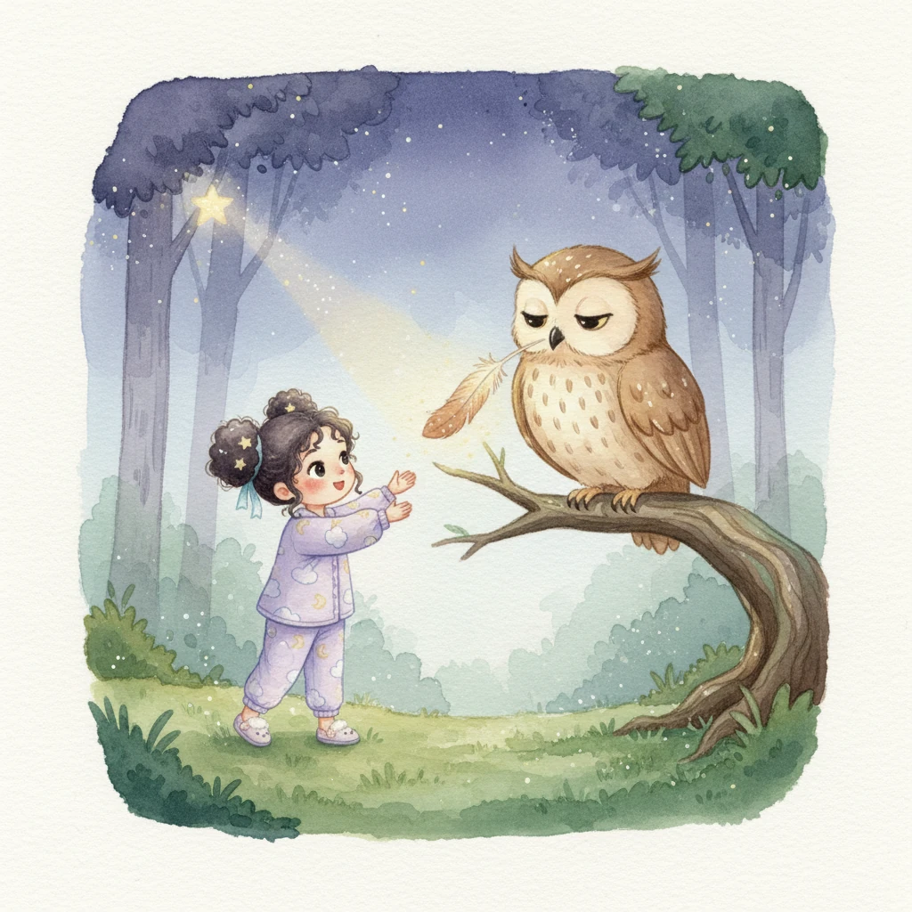 The starbeam led her to a sleepy, wise old owl perched on a branch. The owl blinked slowly, offering a feather that shimmered with starlight. 'This will guide you,' it hooted softly.