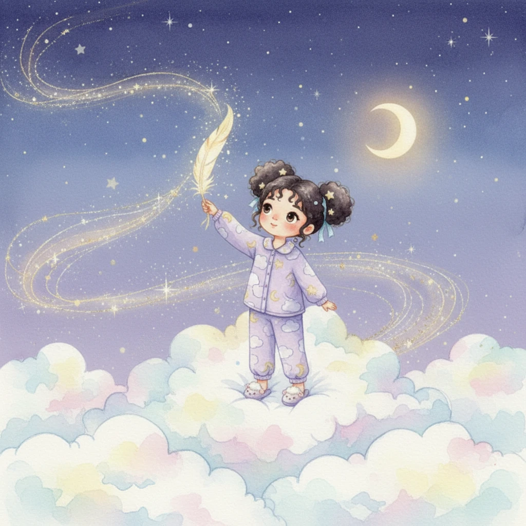Holding the magical feather, Lina felt a gentle warmth. She watched as the starbeam drew beautiful patterns in the sky, showing her the sleepy clouds and the quiet moon. It was a silent, peaceful dance.