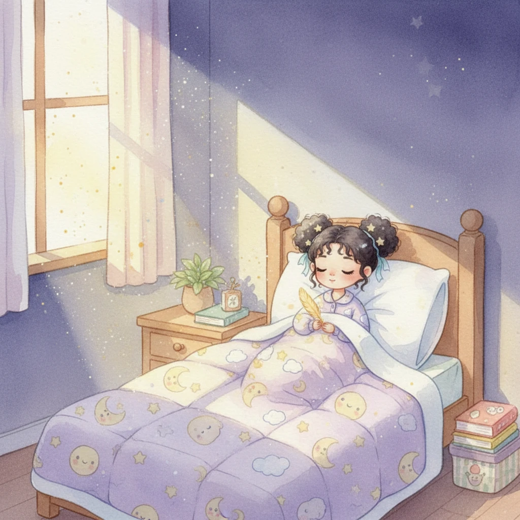 After her calm adventure, the starbeam gently led Lina back to her window. Her room felt cozy and warm again, no longer too quiet. She snuggled into her bed, the feather tucked safely beside her.