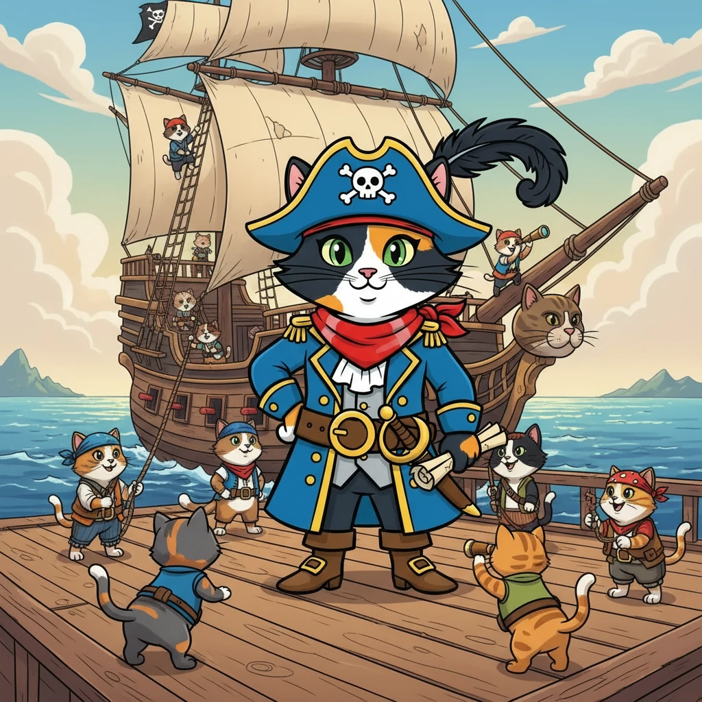 Captain Corvus, a girl with long black hair and doe-shaped eyes, stood proudly on the deck of her ship, the 'Feline Fury'. Her crew, a band of adventurous cats, purred with excitement as they sailed across the shimmering blue sea. They were known throughout the ocean for their bravery and skill, having defeated many fearsome foes.