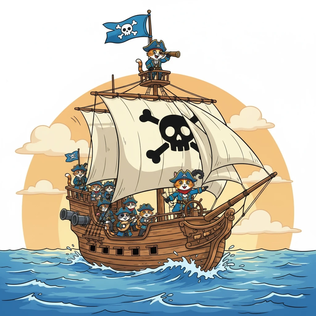 The Feline Fury was a magnificent sight, its sails billowing in the wind as it sliced through the waves. The cats, each with their own unique personalities and skills, worked together seamlessly. Some manned the cannons, others kept watch from the crow's nest, and a few even played music to keep spirits high.