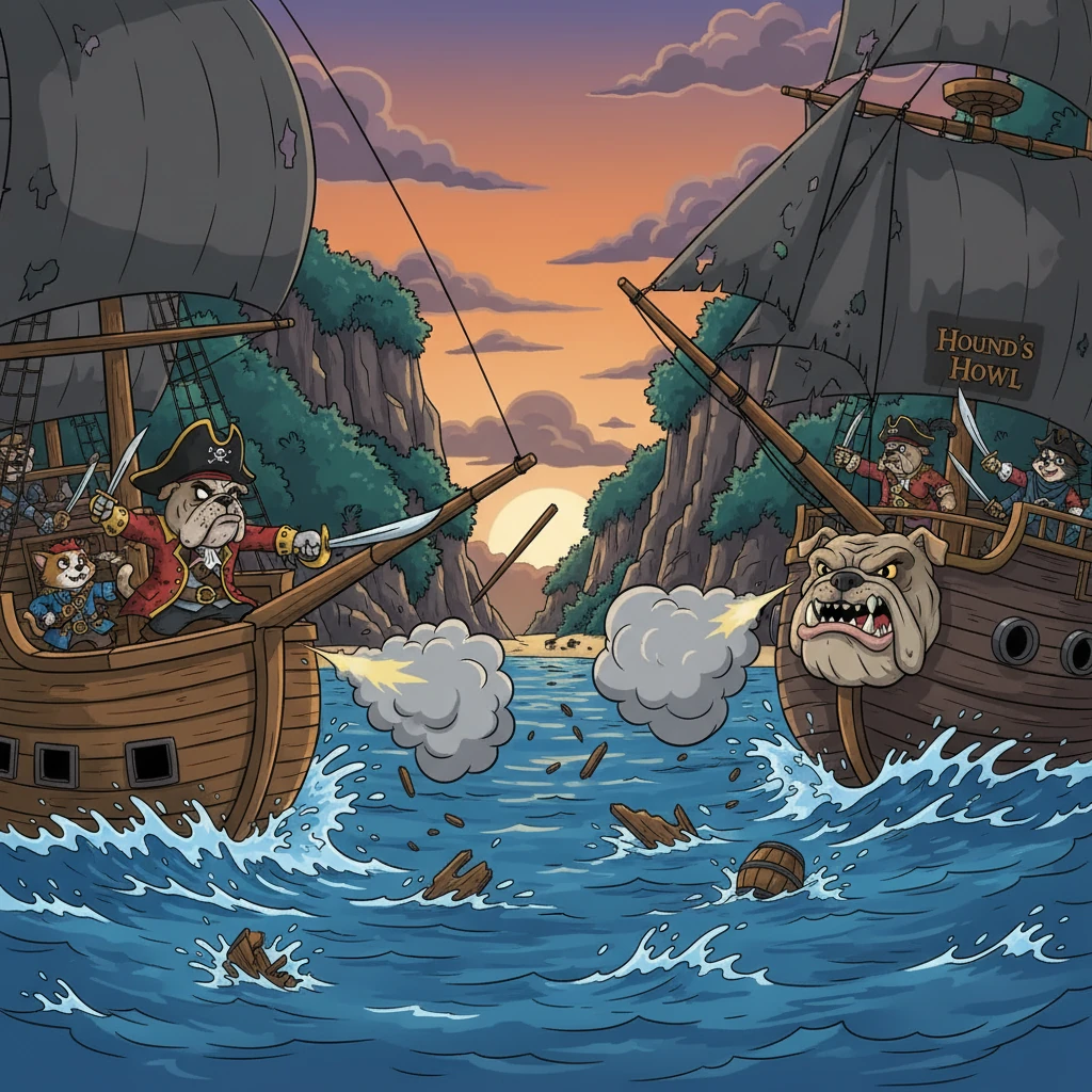 One day, while sailing near a hidden cove, the dreaded dog pirates attacked! Their ship, the 'Hound's Howl', was a menacing vessel, and their captain, a grumpy bulldog, was determined to steal Captain Corvus's treasure. The battle was fierce, with cannon fire and clashing swords.