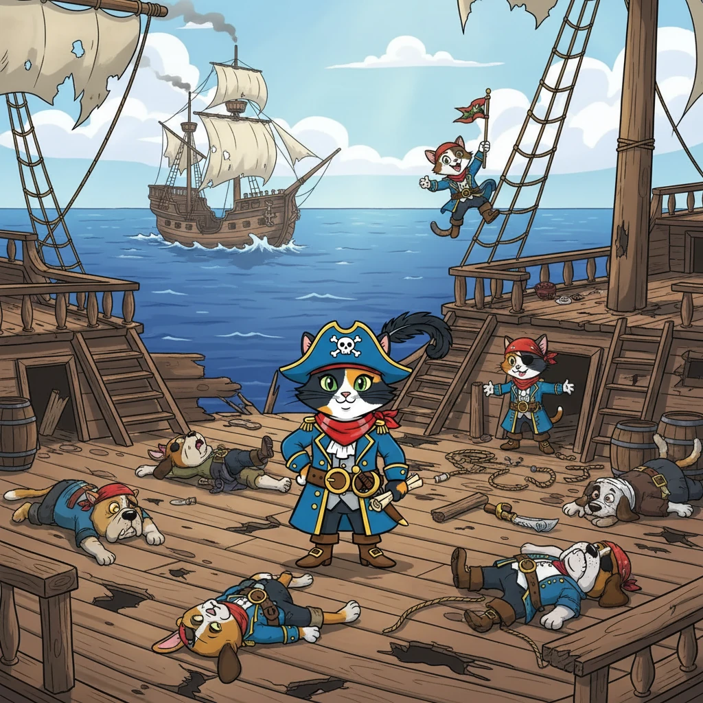 The dog pirates, though numerous, were no match for Captain Corvus and her clever crew. The cats fought with courage and cunning, using their agility and teamwork to outsmart their opponents. Eventually, the dog pirates were defeated, and their ship was left in tatters.
