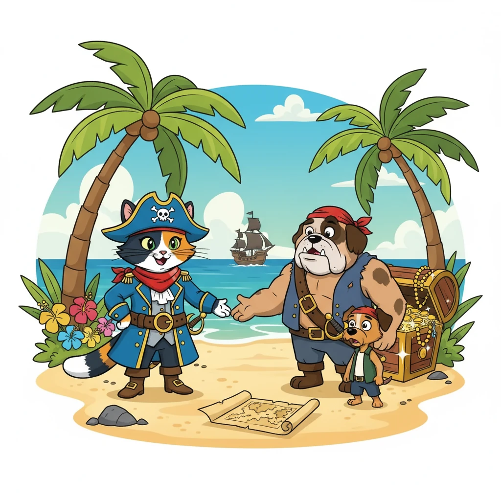 On the island, the dog pirate was cornered. Instead of fighting, Captain Corvus offered a hand of friendship. The dog pirates, surprised by her kindness, realized the error of their ways. They joined forces, sharing the treasure and becoming the best of friends, ruling the ocean together.