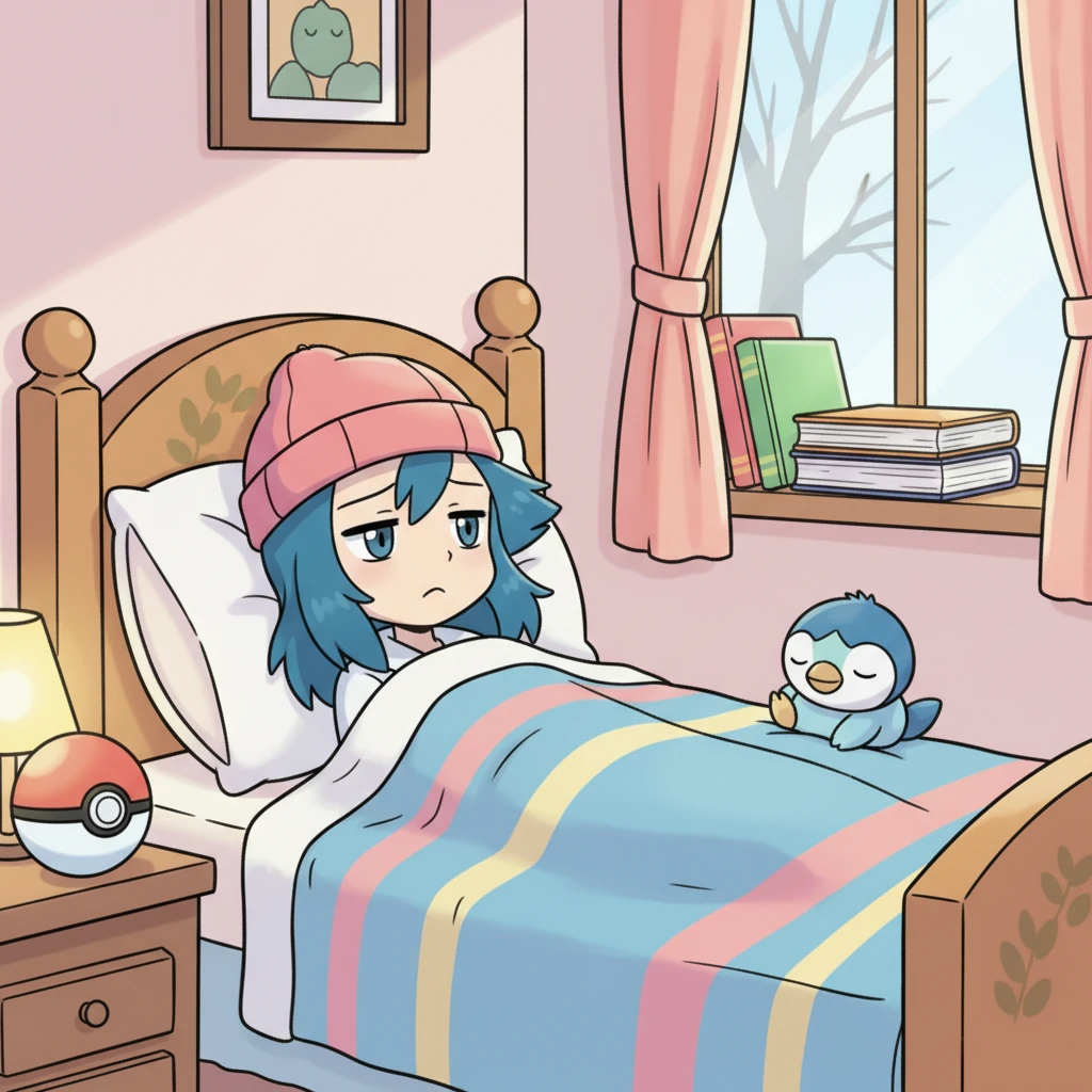 In her cozy bedroom in Twinleaf Town, little Dawn lay in bed, looking quite pale. Her usually bright eyes were a bit droopy, and a small frown creased her brow as she snuggled under her warm blanket. A tricky heart virus had made her feel wobbly and weak, keeping her from playing outside.