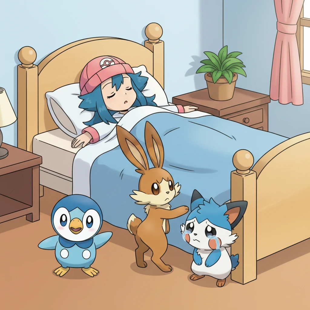 Her loyal Pokémon friends, Piplup, Buneary, and Pachirisu, gathered anxiously around her bed. Piplup tilted its head with a worried chirp, while Buneary gently nudged her hand with its soft ear. Pachirisu looked particularly concerned, its cheeks puffed out with sadness for its beloved trainer.