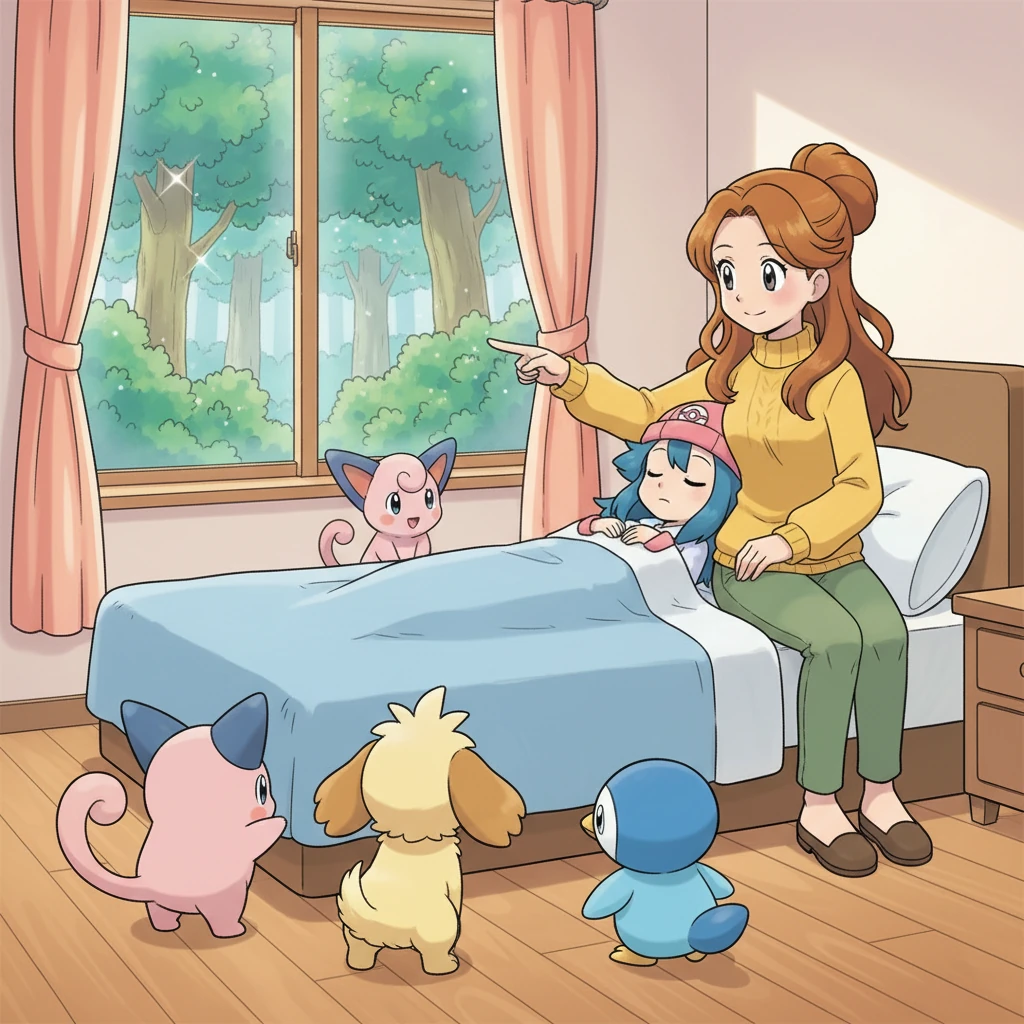 Dawn's caring mother, Johanna, gently felt her forehead. She explained that Dawn needed lots of rest and a very special, sparkly Oran Berry, found deep in the nearby forest, to help her heart feel strong again. The Pokémon listened intently, their ears perked up.