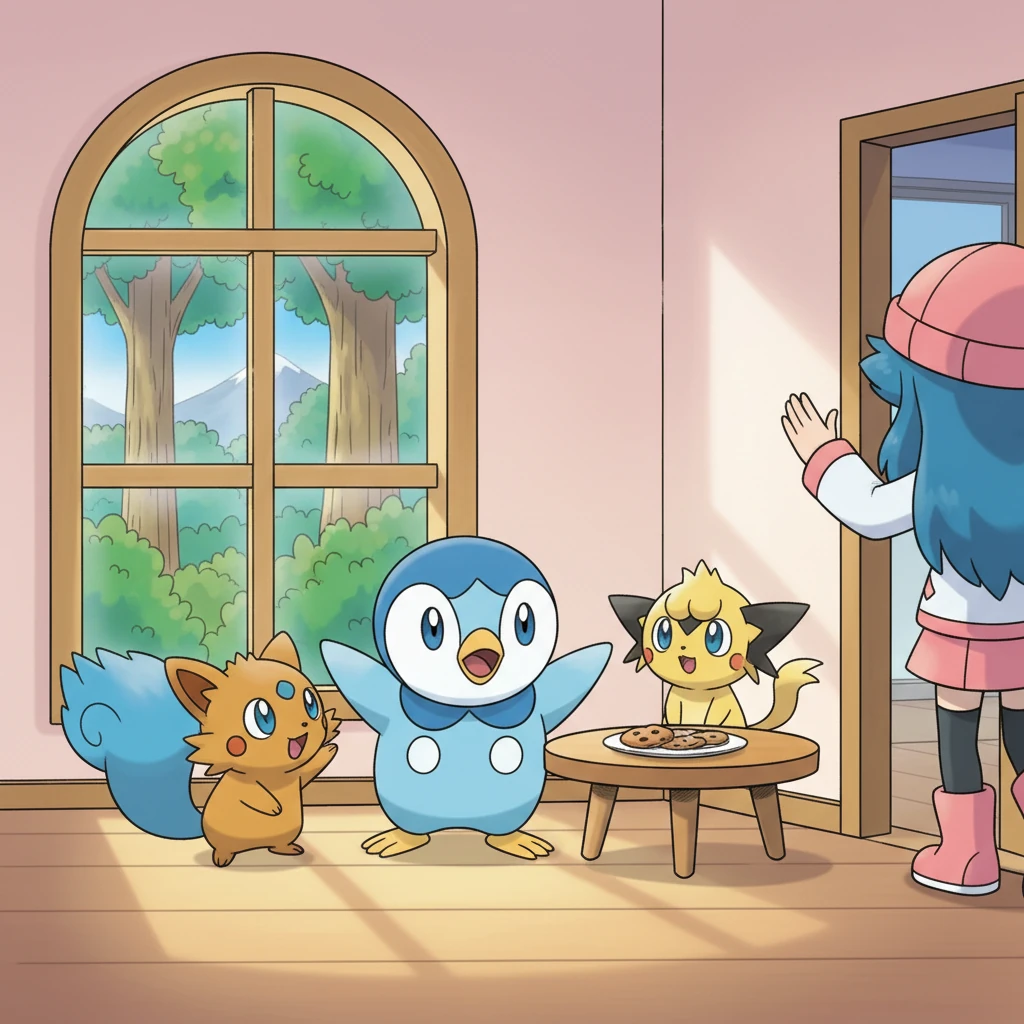 As Johanna left the room, the Pokémon exchanged determined glances. Piplup puffed out its chest, pointing a flipper towards the window and then at the forest beyond. They knew they had to find that berry for Dawn!