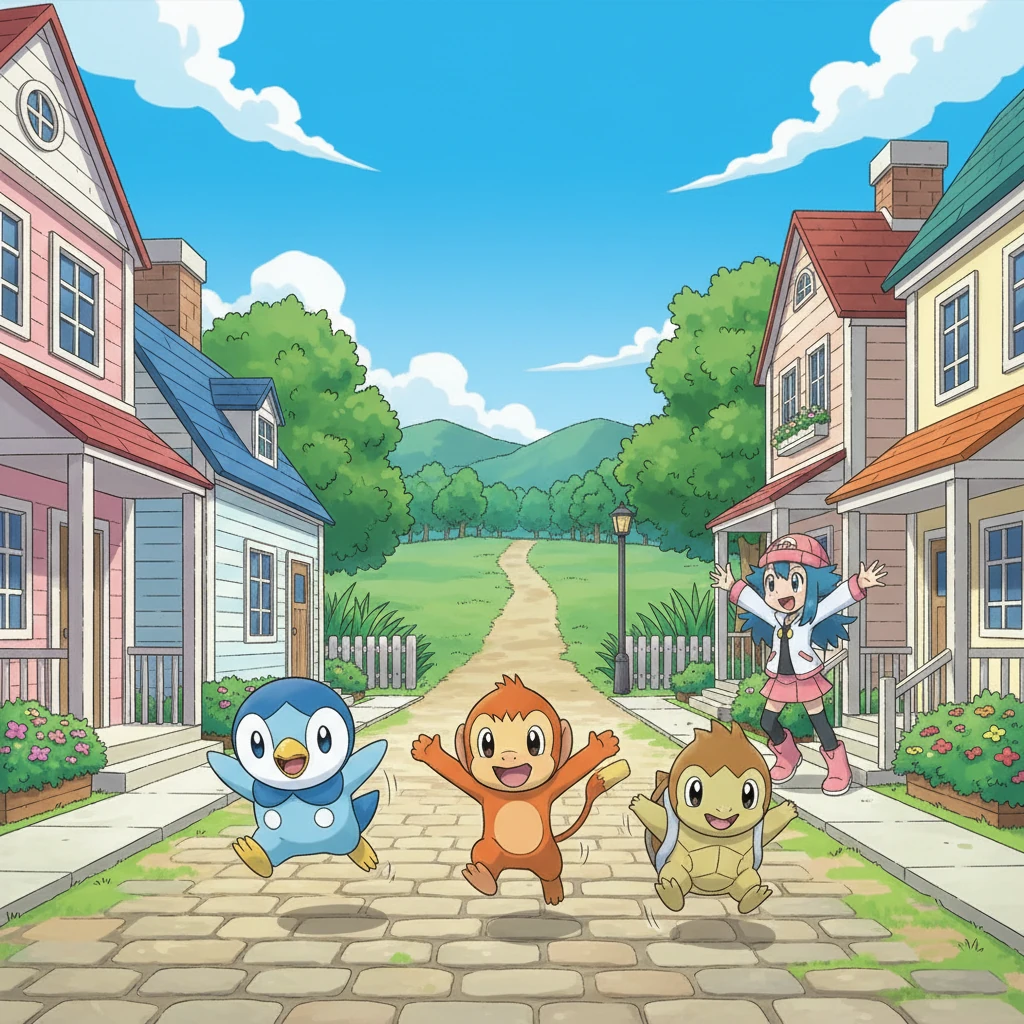 With a brave leap, the three Pokémon buddies ventured out of the house and into the sunny streets of Twinleaf Town. They darted past colorful houses and blooming flowers, their little paws and feet carrying them with purpose towards the forest path. Their mission to help Dawn gave them extra pep in their steps.