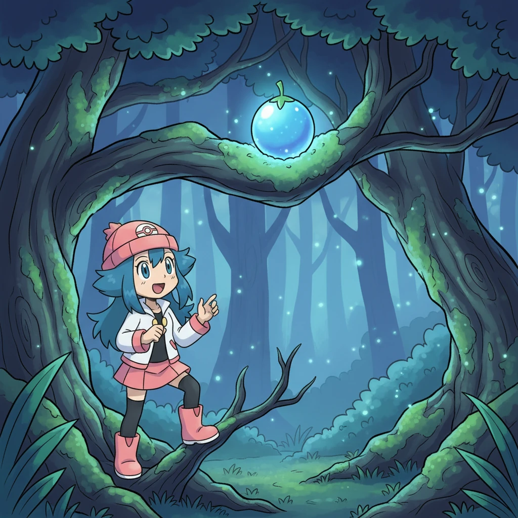 After a short journey, they arrived at a mystical clearing deep within the forest, where ancient, gnarled trees reached for the sky. Nestled among glowing moss, a shimmering, bright blue Oran Berry pulsed with gentle light, just as Johanna had described. It looked high up and a little tricky to reach.