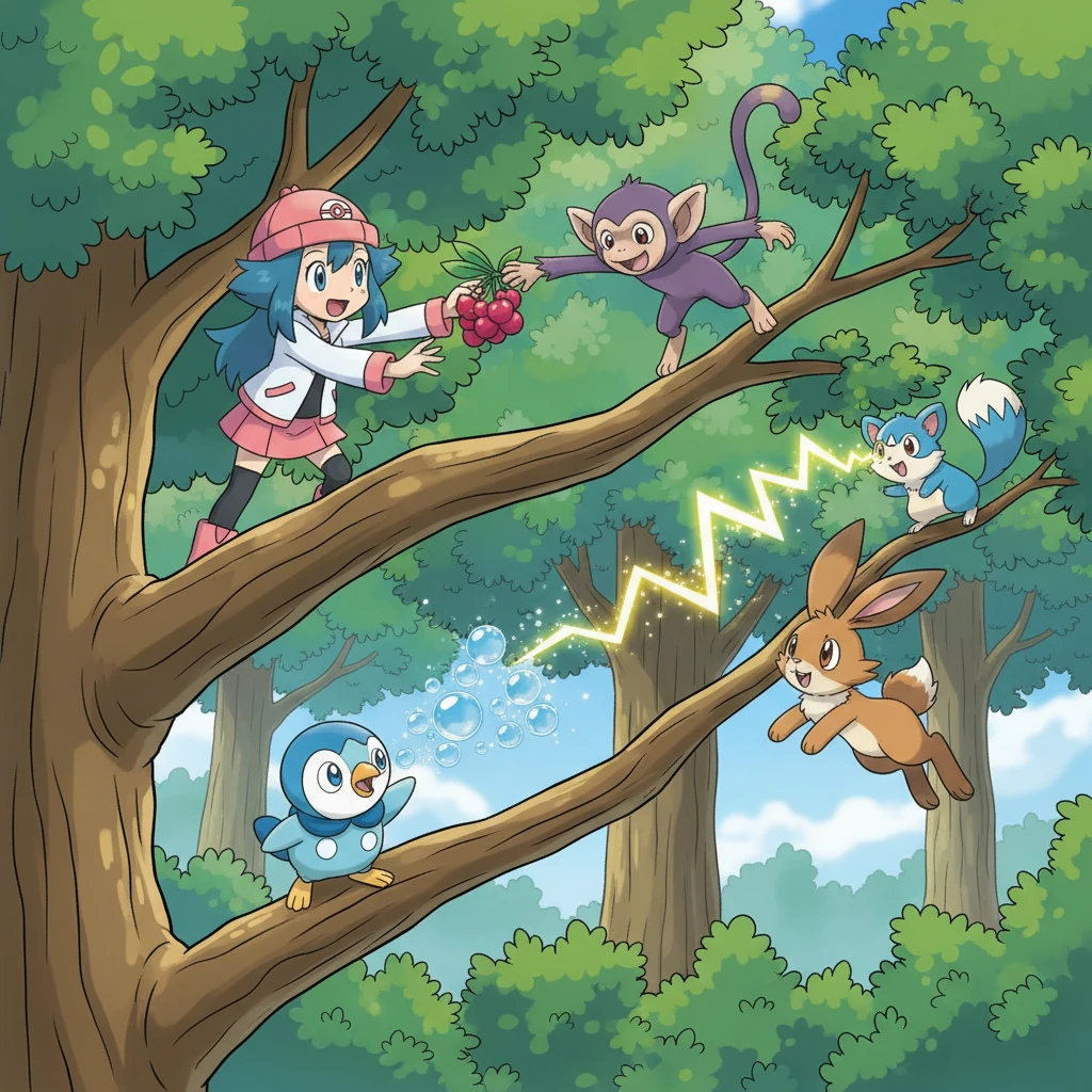 Suddenly, a playful Aipom swung down from a branch, trying to grab the berry first! Piplup used Bubble Beam to distract it, while Buneary hopped expertly up the tree. Pachirisu, with a quick Electro Ball, created a sparkling path for Buneary to leap higher.