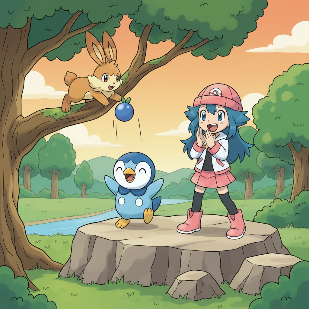 Working together, the Pokémon bravely retrieved the precious Oran Berry! Buneary carefully plucked it, then tossed it down to Piplup, who caught it perfectly. They cheered with delight, knowing they had overcome the challenge and secured the cure.