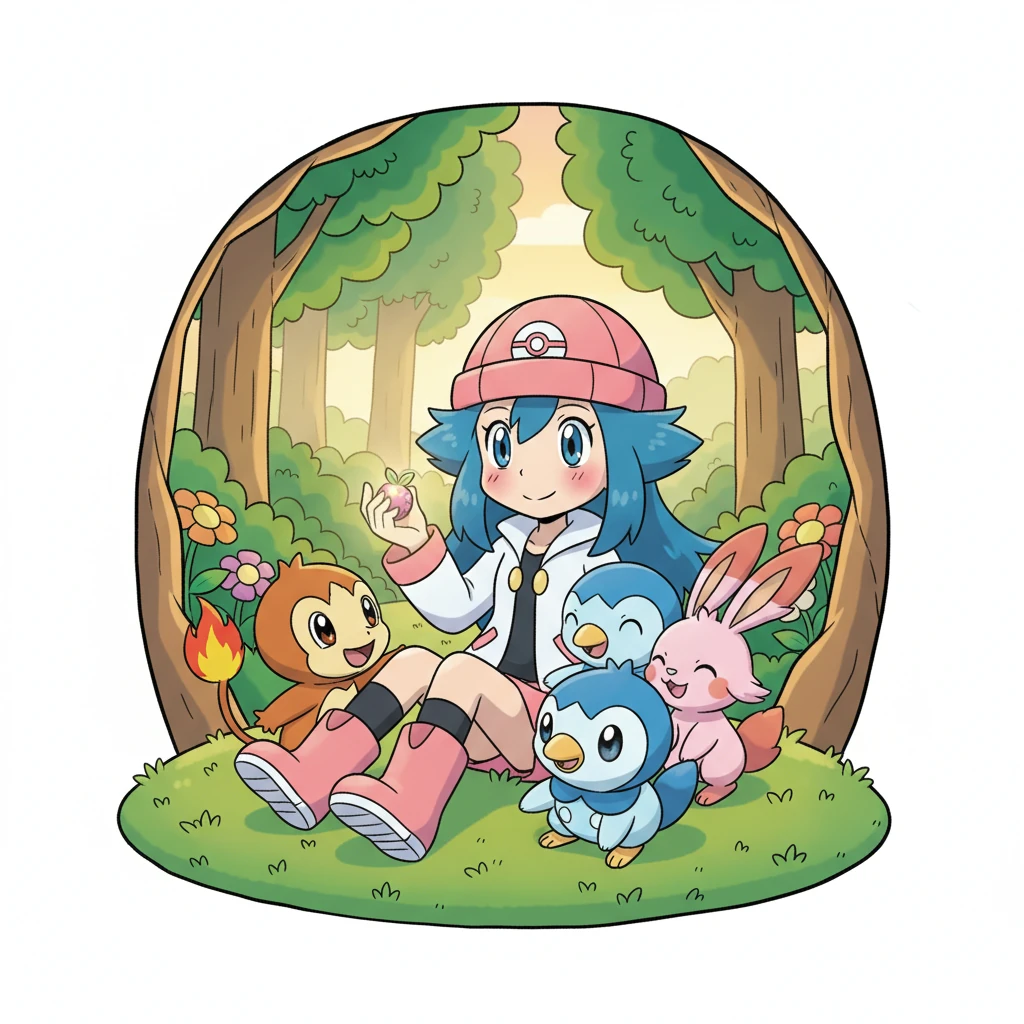 Dawn slowly ate the magical berry, and a wave of warmth spread through her. Her cheeks regained their rosy color, and her eyes sparkled with renewed energy. She sat up, feeling much better, as her happy Pokémon cuddled close, their mission accomplished and their best friend healthy once more!