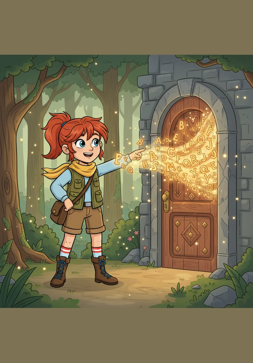 Lexi, a bright-eyed girl with a yellow scarf and a satchel, stands at the edge of a forest where the trees are made of giant, colorful books. She waves enthusiastically to the reader, inviting them into a world where letters sparkle in the grass like tiny stars.