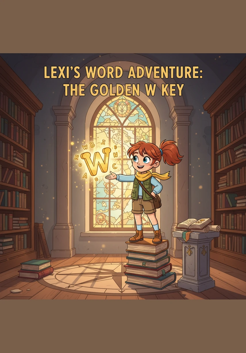Lexi reaches out to touch a floating, golden key that is shaped like a word, shimmering with light. Around her, other word-keys float in the air, unlocking hidden doors to vibrant storybook worlds and secret adventures.