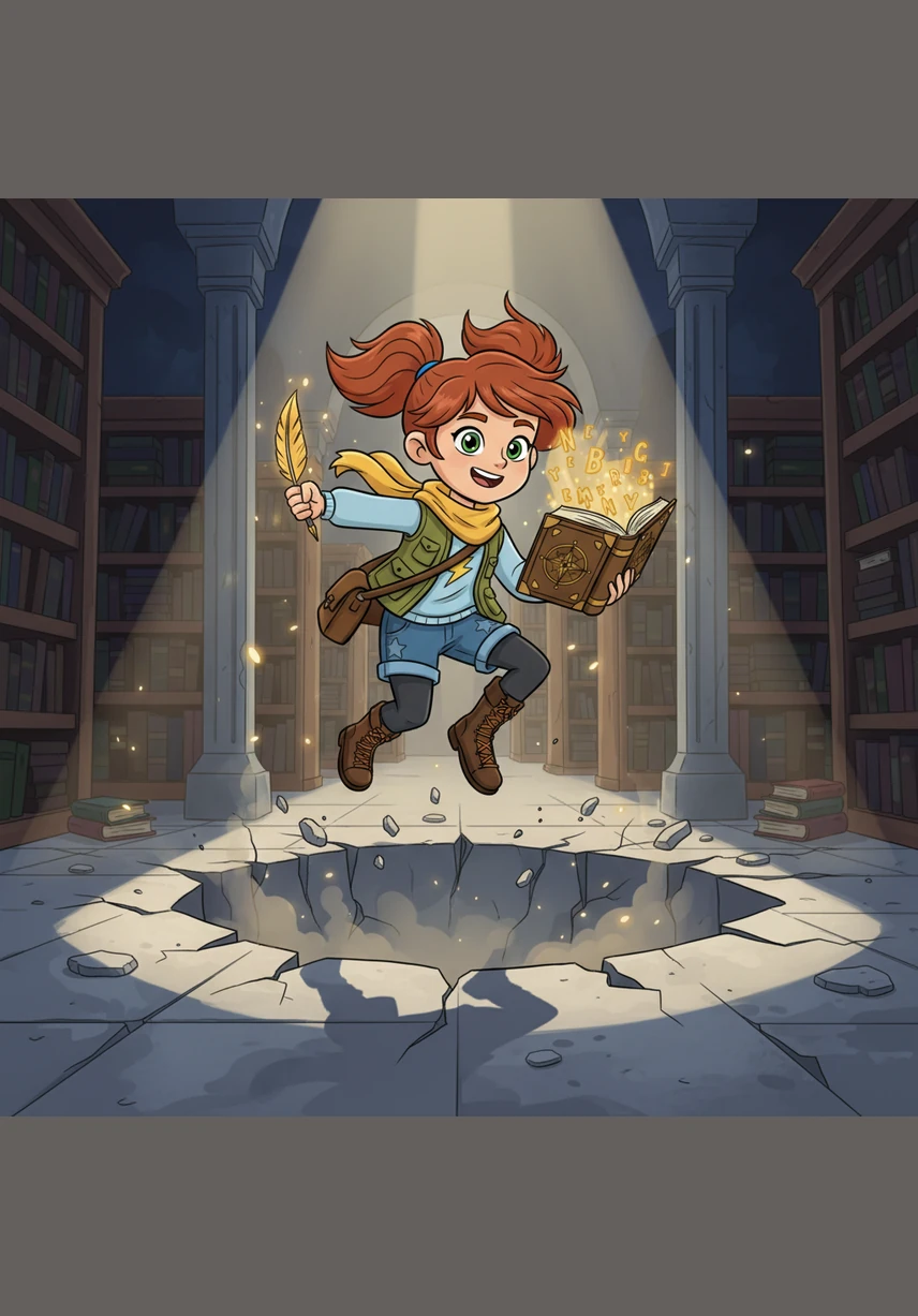 Holding a large magnifying glass, Lexi examines a wooden signpost at a crossroads that points toward 'Discovery' and 'Wonder'. She spots hidden words tucked behind leaves and carved into the bark of trees, her eyes wide with the thrill of the hunt.