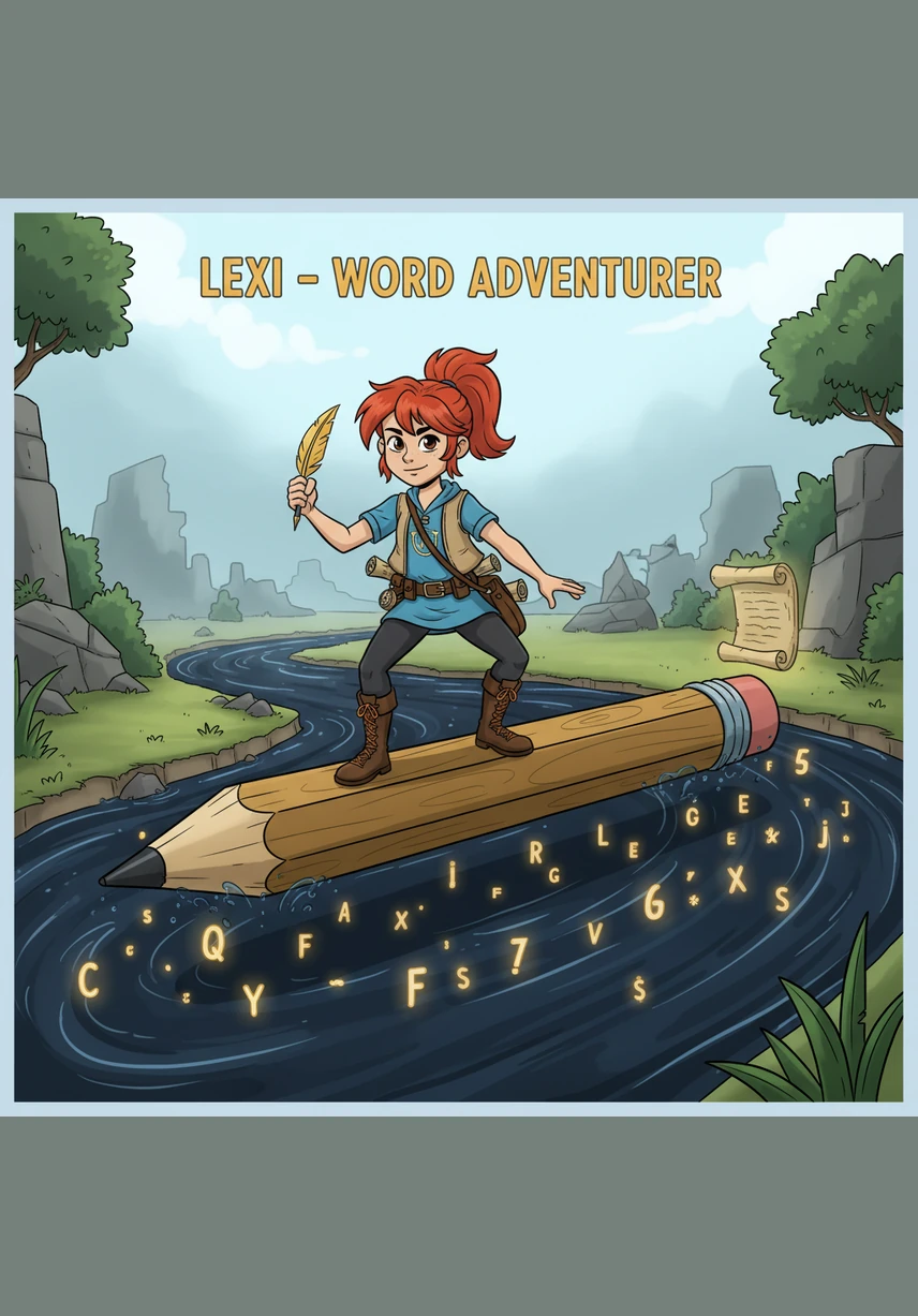 Lexi balances on a giant wooden pencil that bridges a river of ink, playfully tossing alphabet blocks into the air. Colorful musical notes swirl around her as she turns a list of silly words into a rhythmic, joyful song.