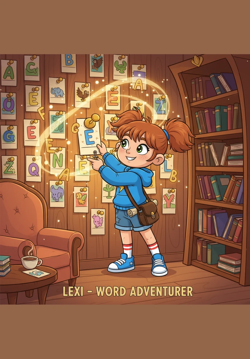 In a cozy library nook, Lexi pins brightly illustrated cards onto a massive, glowing wall made of cork and starlight. Each card features a word and a beautiful drawing, creating a magnificent mosaic of knowledge that fills the room with color.