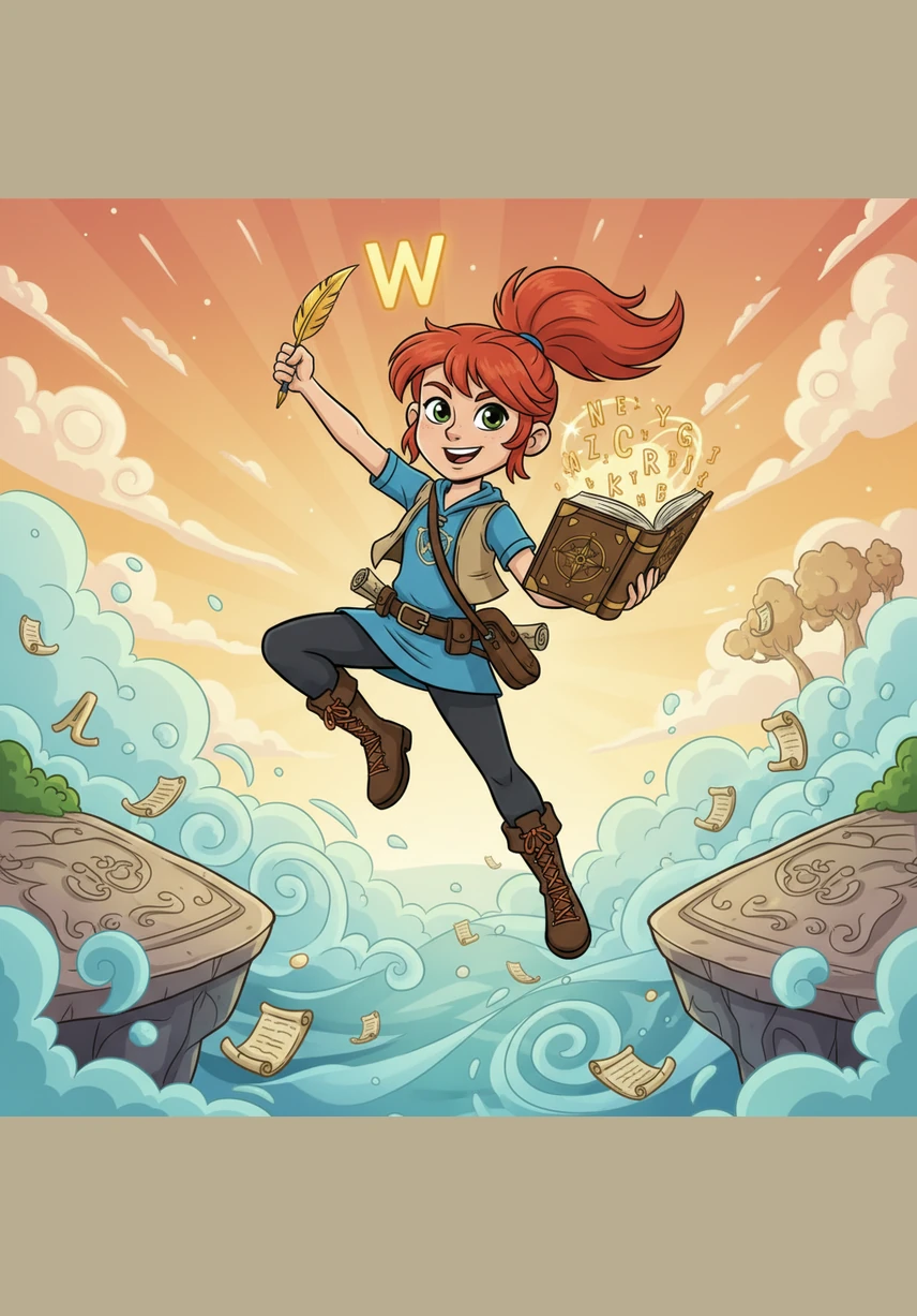 Lexi wears springy boots and leaps high over a sparkling blue stream, her hair flying back in the wind. The word 'JUMP' appears in bold, bouncy letters beneath her, perfectly matching her energetic movement through the air.