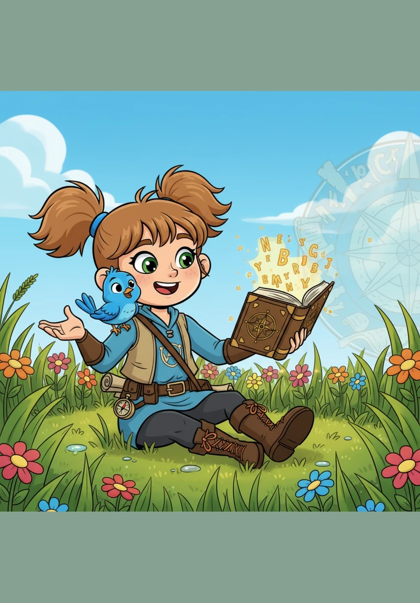 Sitting on a soft patch of moss, Lexi and a friendly blue bird share a hearty laugh, their eyes crinkling with pure joy. The word 'LAUGH' floats between them like a shimmering bubble, reflecting the happiness of the moment.