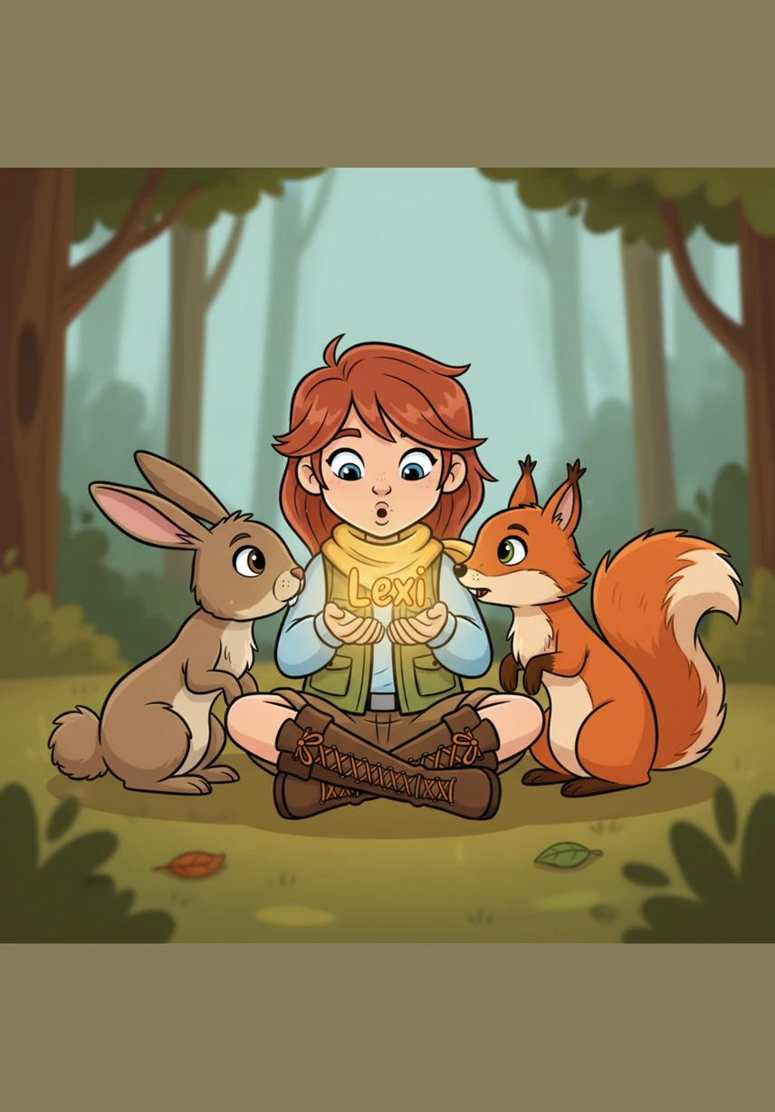 Lexi sits in a circle with a rabbit, a squirrel, and a fox, holding a glowing word in her hands like a precious gem. They are all leaning in close, whispering and sharing the new words they have discovered throughout their day.