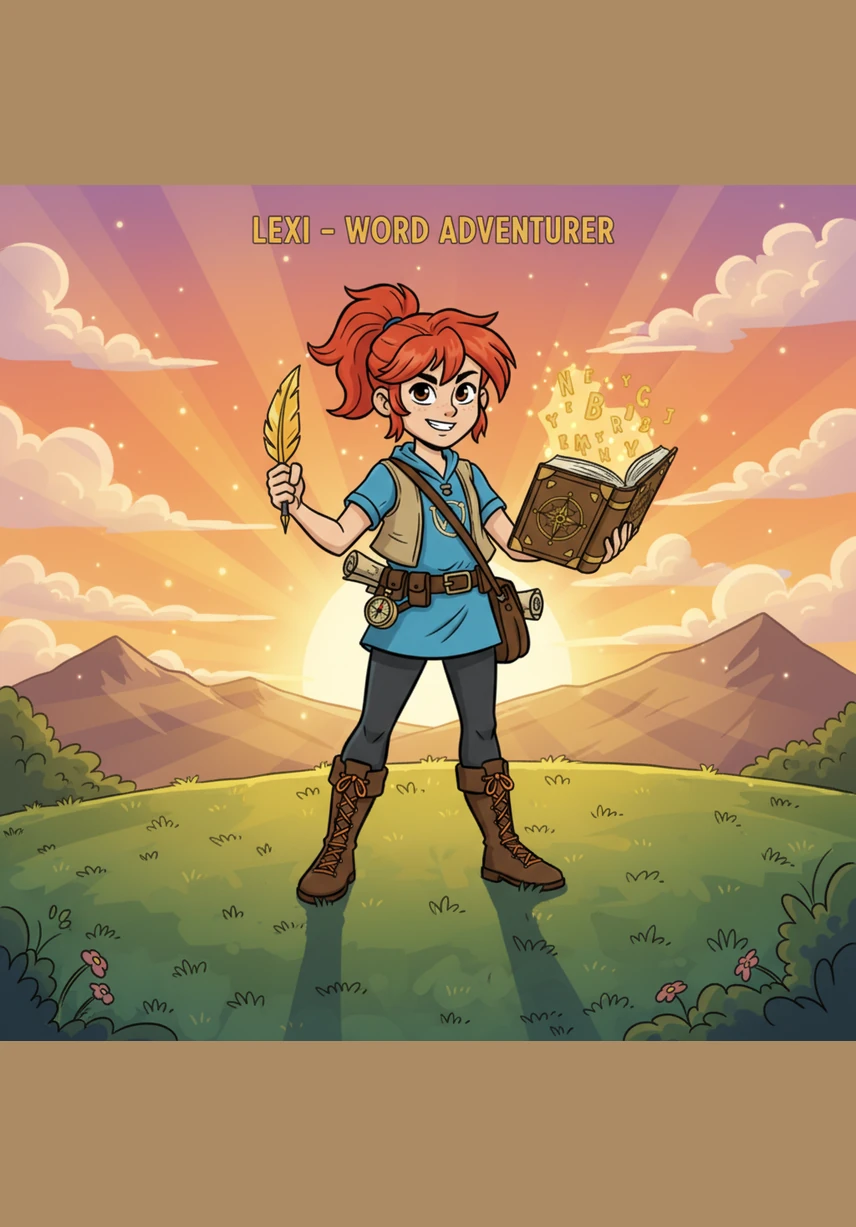 Lexi stands atop a grassy hill as the sun sets, her satchel brimming with glowing, crystalline words that light up the twilight. She looks out over the horizon, realizing that every word she has learned is a treasure she will keep forever.