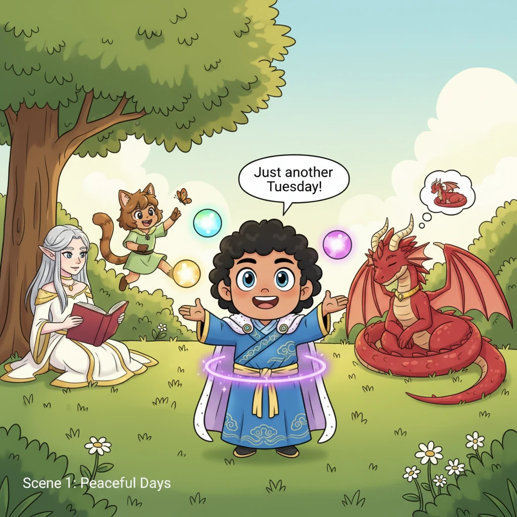 Aidan, a cheerful young man with a twinkle in his eye, is seen effortlessly juggling colorful energy orbs while a tiny, sparkly "Restraint" aura glows