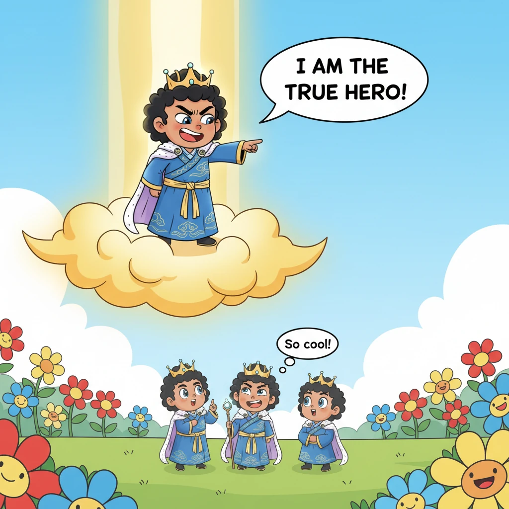 Suddenly, a golden-robed, overly confident Son of Heaven, with an exaggerated smirk and a glowing "protagonist's aura," descends dramatically from the