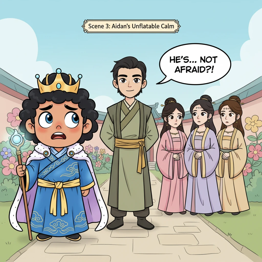 Aidan stands calmly, a slight, knowing smile on his face, his hands tucked casually behind his back. His fiancées, now gathered behind him, stand tall