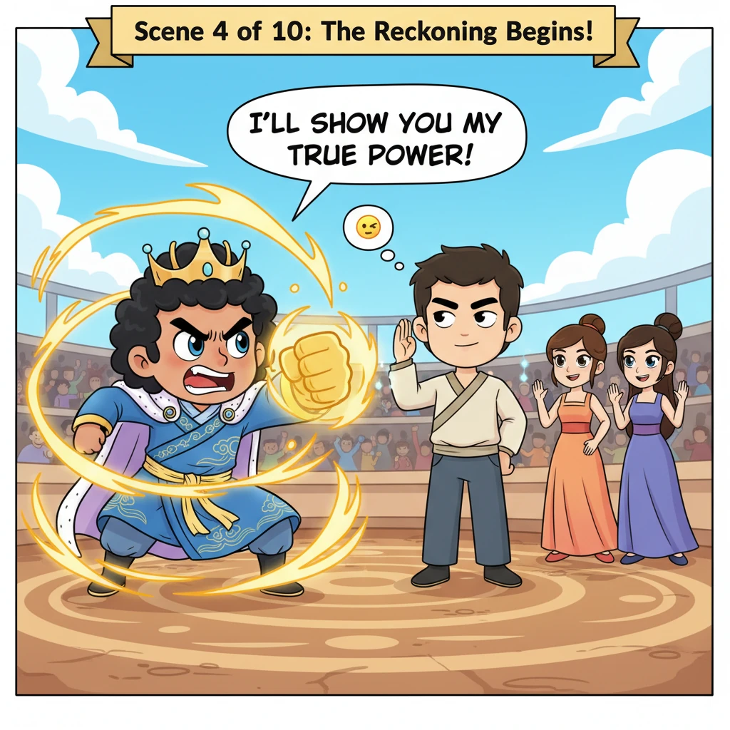 The Son of Heaven, his pride wounded, charges forward with a cartoonishly large, glowing fist, a whirlwind of golden energy swirling around him. Aidan