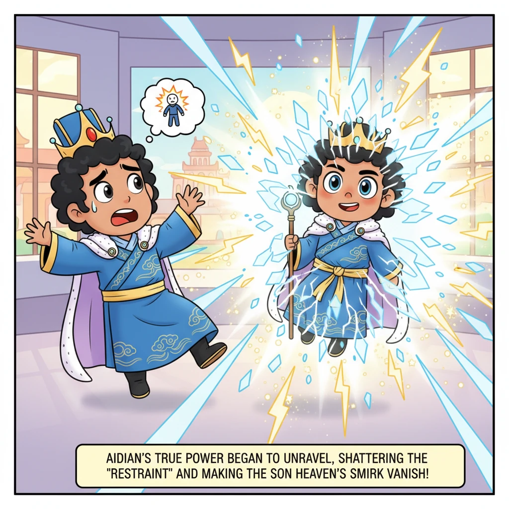 Aidan's body glows with a soft, radiant light, and the "Restraint" aura around him shatters into a million sparkling fragments, revealing just a fract