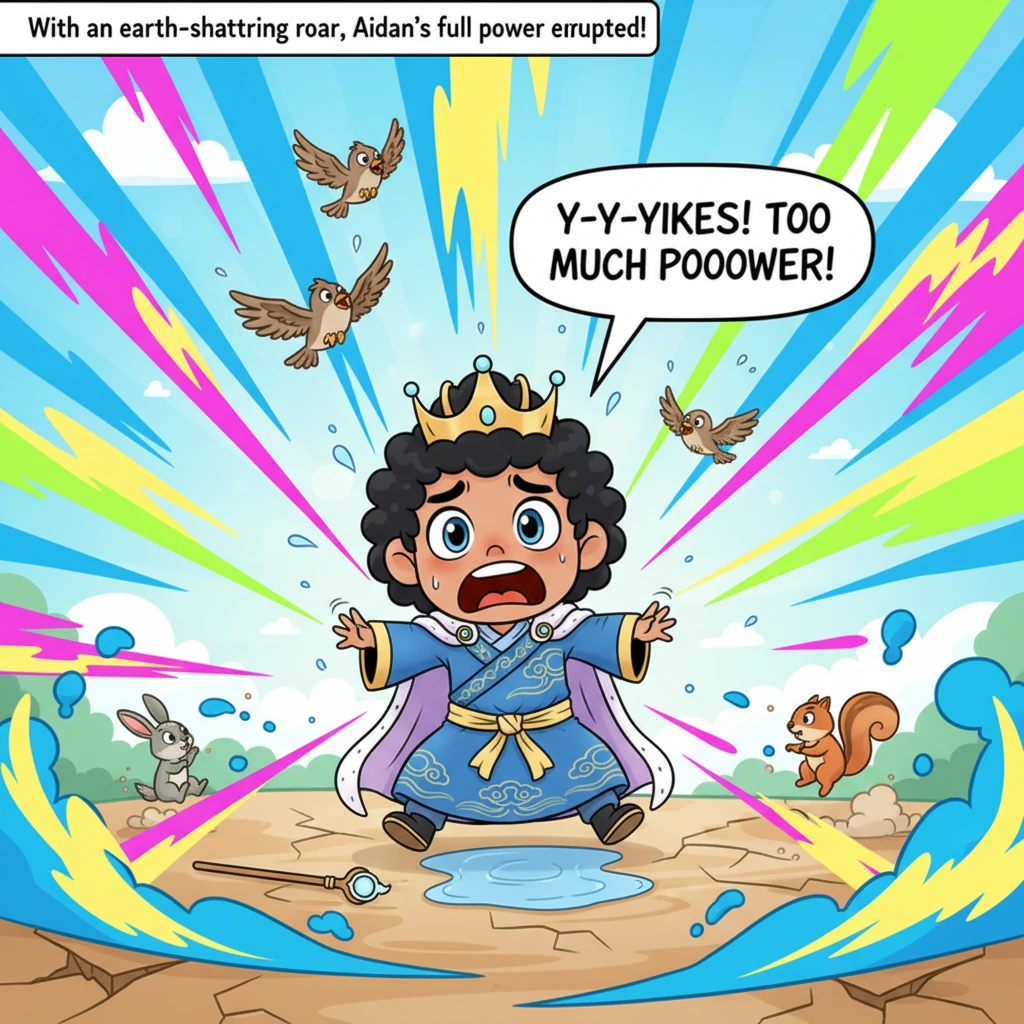 With a magnificent, earth-shattering roar, Aidan's full power erupts in a vibrant explosion of colors and swirling energy, making the very ground ripp