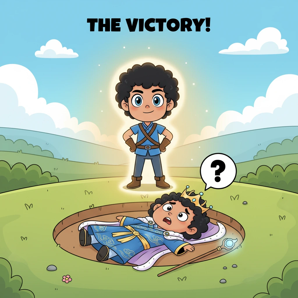 Aidan, now glowing with an inner strength that makes him seem larger than life, stands triumphantly over the Son of Heaven, who is comically flattened