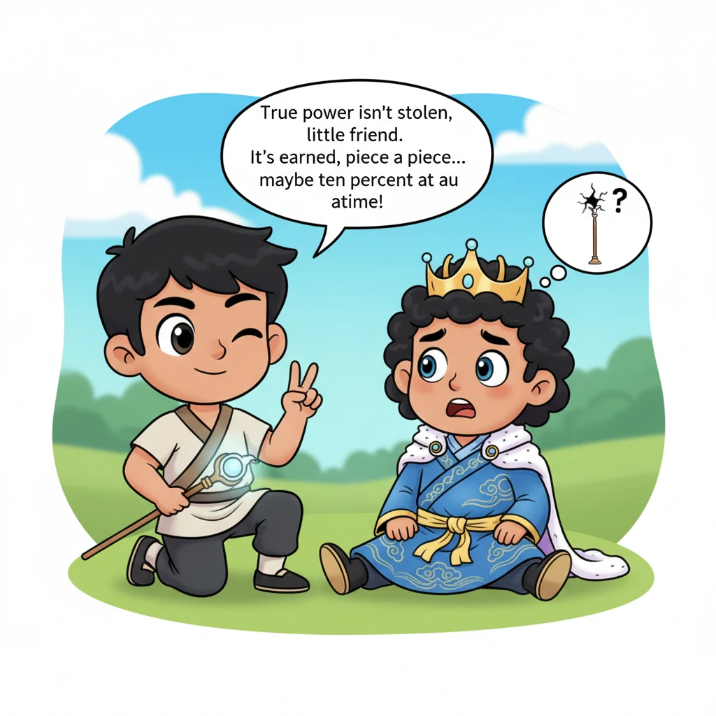 Aidan kneels beside the defeated Son of Heaven, a gentle yet firm expression on his face, explaining the difference between true training and stolen p