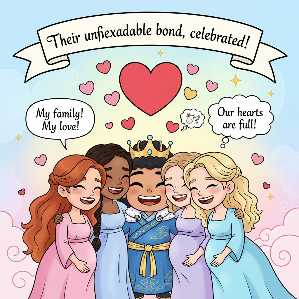 His battle over, Aidan is enveloped in a warm group hug by his overjoyed fiancées. They are all beaming, some with proud tears in their eyes, as a few