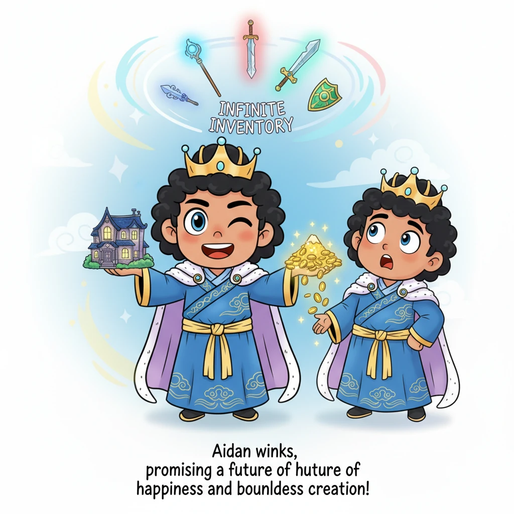 Aidan, with a grand, theatrical flourish, pulls out a shimmering, miniature mansion from thin air, then a mountain of glittering gold coins, and final