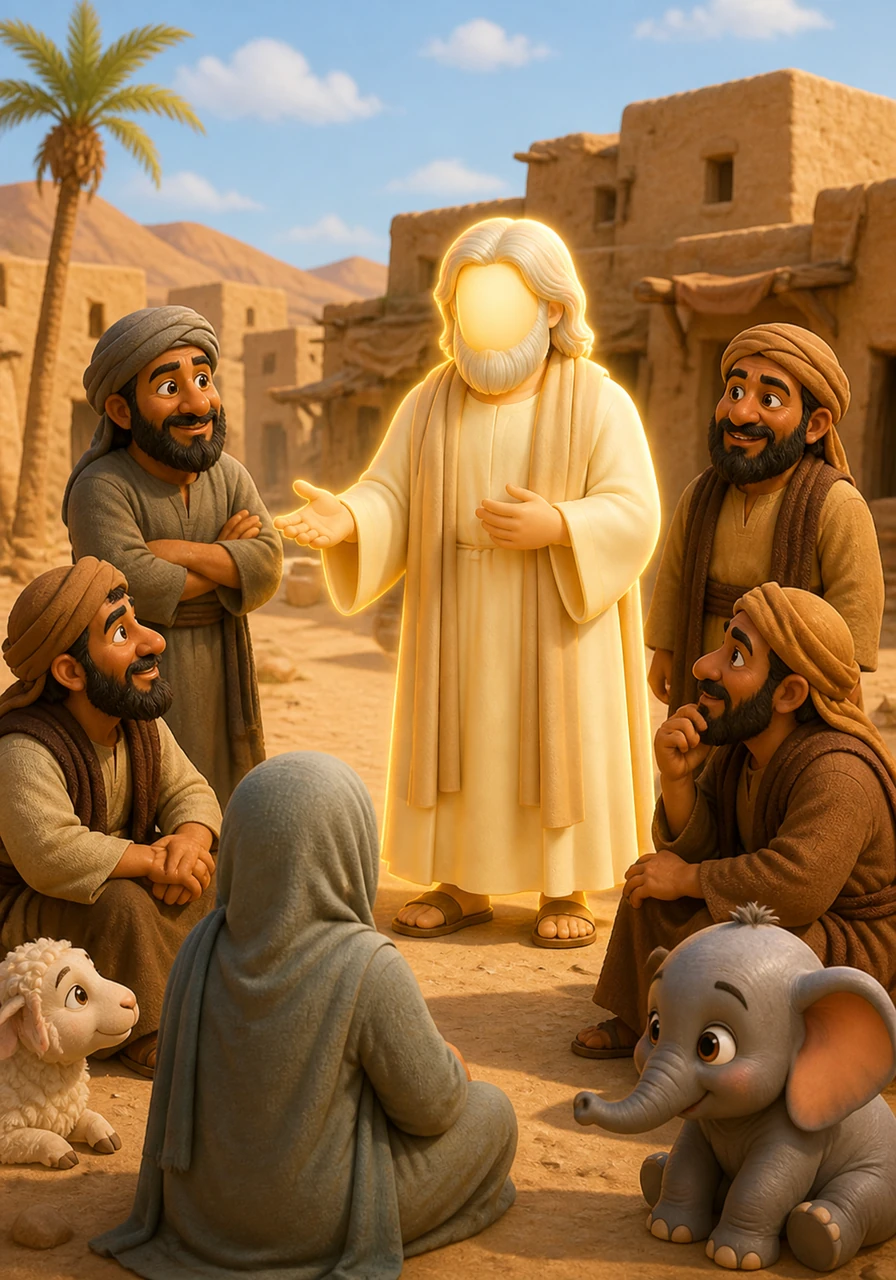 Long ago, in a dusty desert village, a kind man named Nuh spoke to his neighbors with a heart full of love. He gently asked them to remember their Creator and be kind to one another, his presence glowing with a soft, peaceful light.