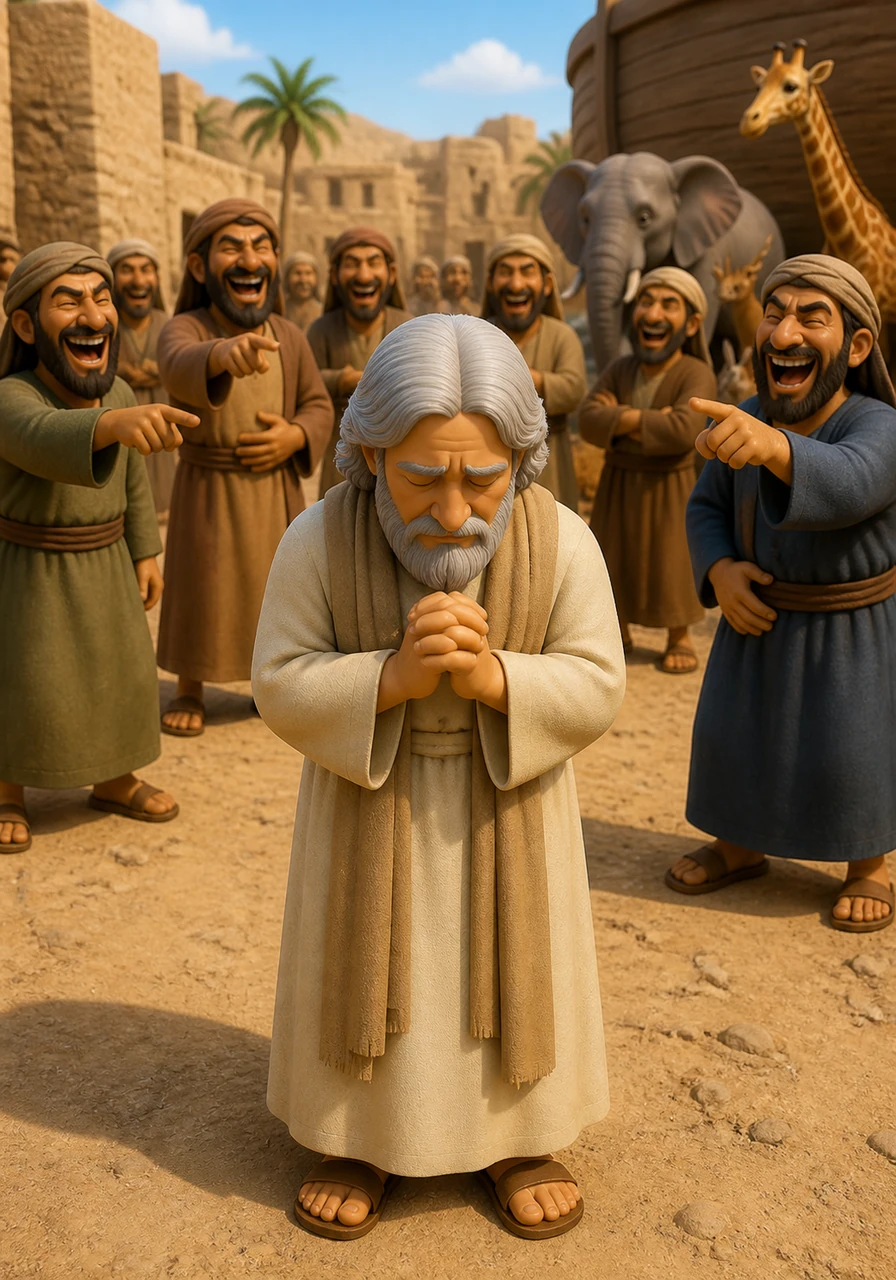 Despite his gentle words, many people turned away and began to laugh, pointing fingers at the humble man. Nuh did not get angry; instead, he bowed his head and prayed for patience, standing firm in his belief even when he felt alone.