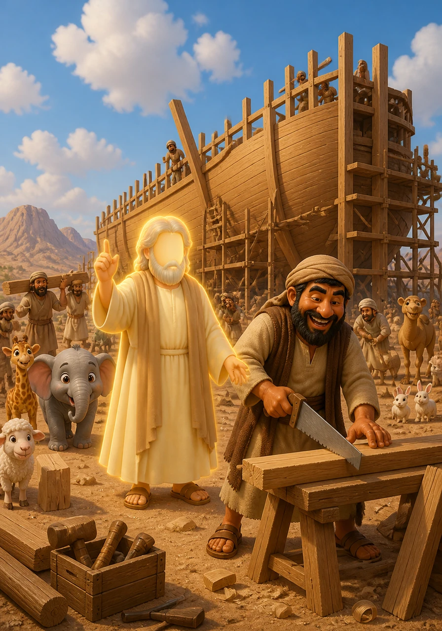 One day, a special message came, instructing Nuh to build a massive wooden ark right there in the middle of the dry desert. He gathered his tools and began to work, his hands moving with purpose as the giant structure started to take shape.