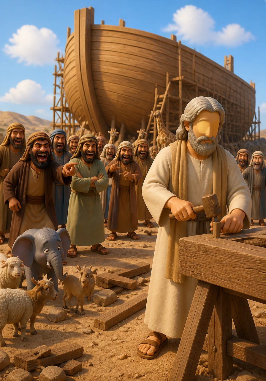 The villagers gathered around the construction site, mocking the sight of a huge boat surrounded by nothing but sand. They shouted jokes and asked how a boat could ever sail on dust, but Nuh simply stayed focused on his task.