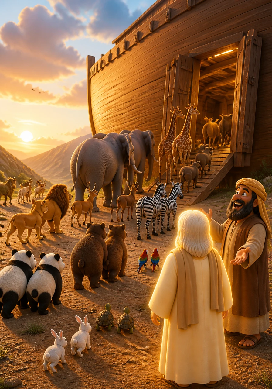 As the ark neared completion, a wondrous sight appeared as animals of all shapes and sizes began to arrive in pairs. From tall elephants to tiny rabbits, they walked calmly toward the wooden doors, guided by a mysterious and peaceful force.