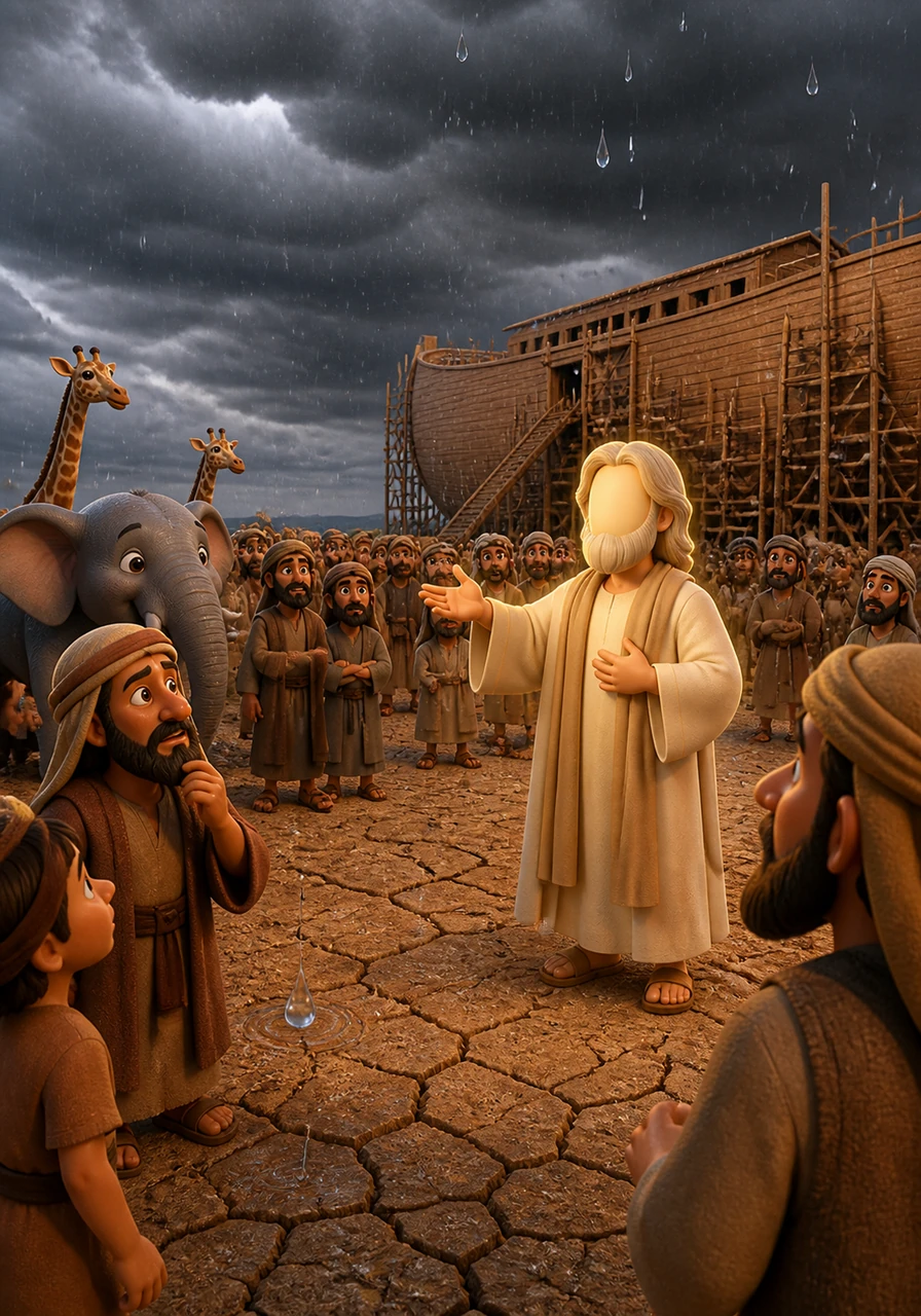 Suddenly, the bright blue sky turned a deep, heavy grey, and the first giant drops of rain began to splash onto the parched earth. Nuh called out one last time, inviting everyone to join him in safety as the clouds grew thicker.