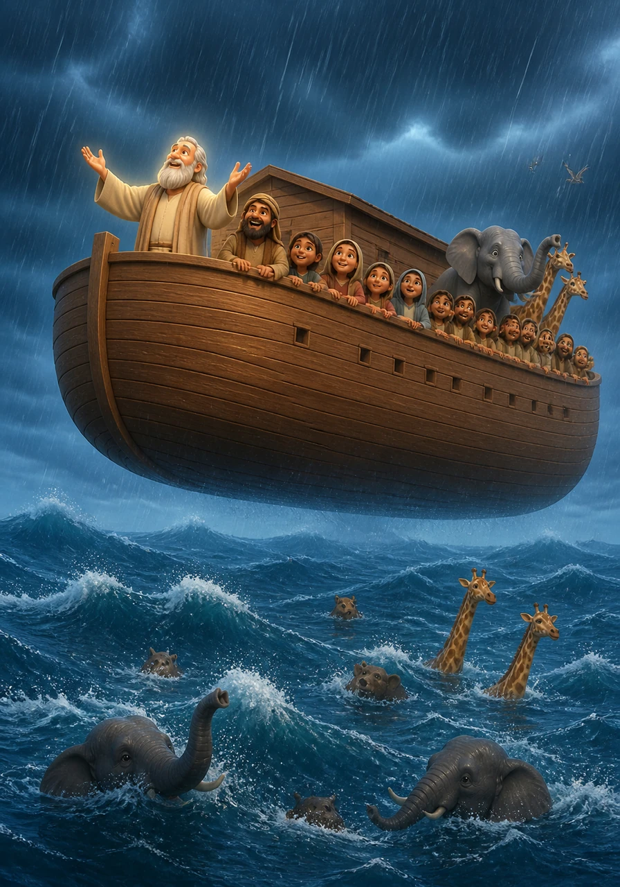 The rain poured down until the desert was replaced by a vast, shimmering ocean that covered the hills. The great wooden ark lifted off the ground, floating steadily and safely above the rising waves while the world turned into a sea of blue.