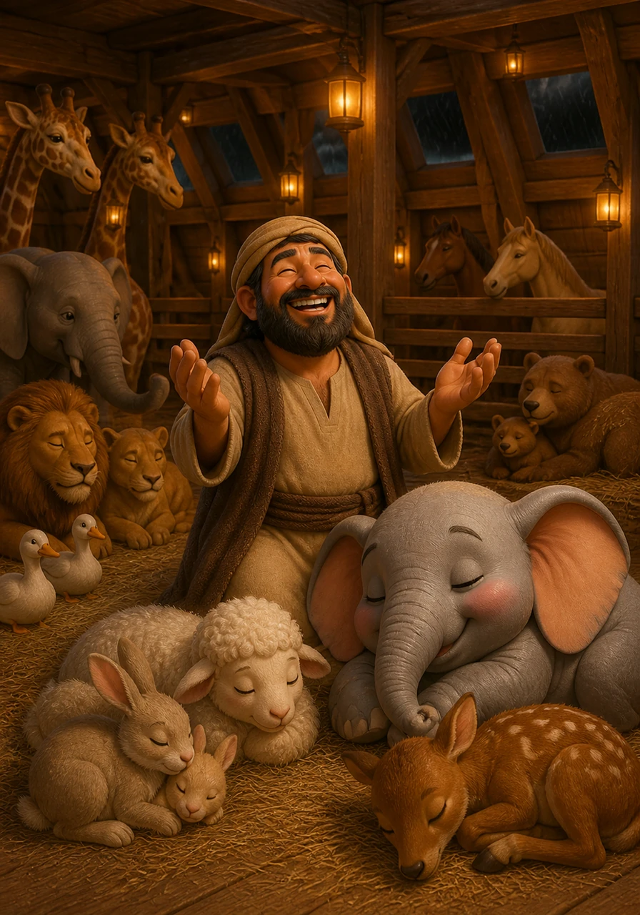 Inside the ark, there was a sense of profound peace and warmth as the animals rested side by side. Nuh looked after every creature with care, thanking the Almighty for their protection while the storm raged outside.